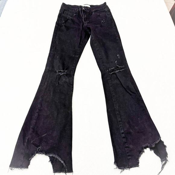 Flying Monkey Black Flare Distressed Ripped Hem Wide Leg Denim Jeans Size 24 - Picture 2 of 7